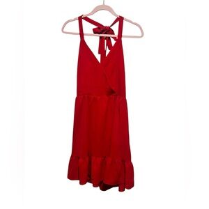 Red Halter Dress with Ruffle Hem